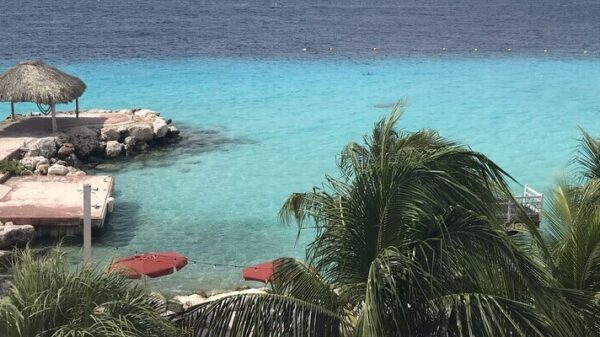 One of the ten most beautiful Curaçao beaches. You can see the Coral Estate with green palm trees in the foreground. In the background, a jetty leads into the turquoise water.