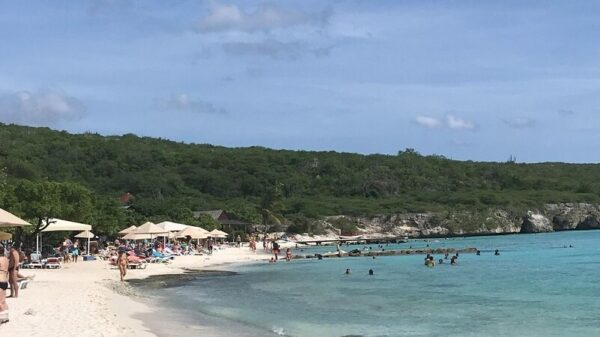 View of the sea at Playa Porto Mari in Curaçao. You can see part of the light-colored sandy beach on the left. People are lying there under parasols. On the right side of the picture you can see the blue sea.