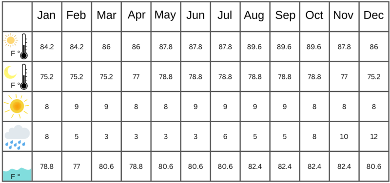 Table with information on the climate in Curaçao for all twelve months. Both the maximum and minimum temperatures are indicated. You will also find information on the number of hours of sunshine and rainy days. It also shows the average water temperature.