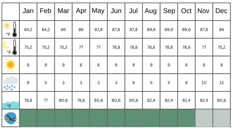 Symbolic image “Island of Curaçao”: climate table with information about the weather for each month, water temperature, hours of sunshine and rainy days