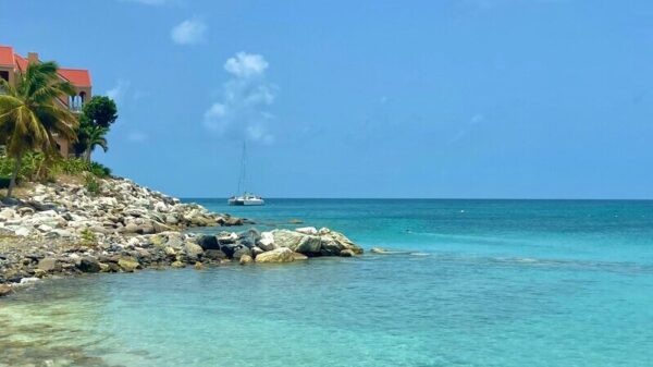 View of the ocean from a rocky bay in St. Maarten, one of the Dutch Caribbean Islands.