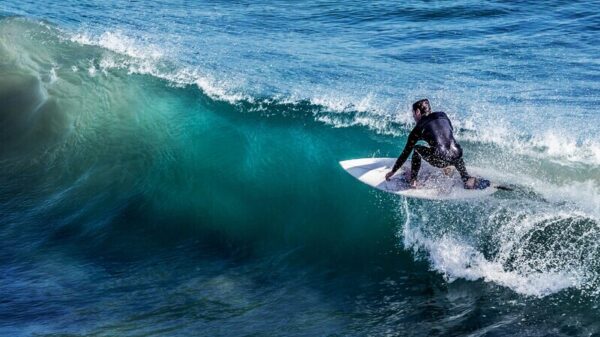 Symbolbild "Surfen auf Curaçao": Surfer reitet eine Welle auf dem offenen Meer.